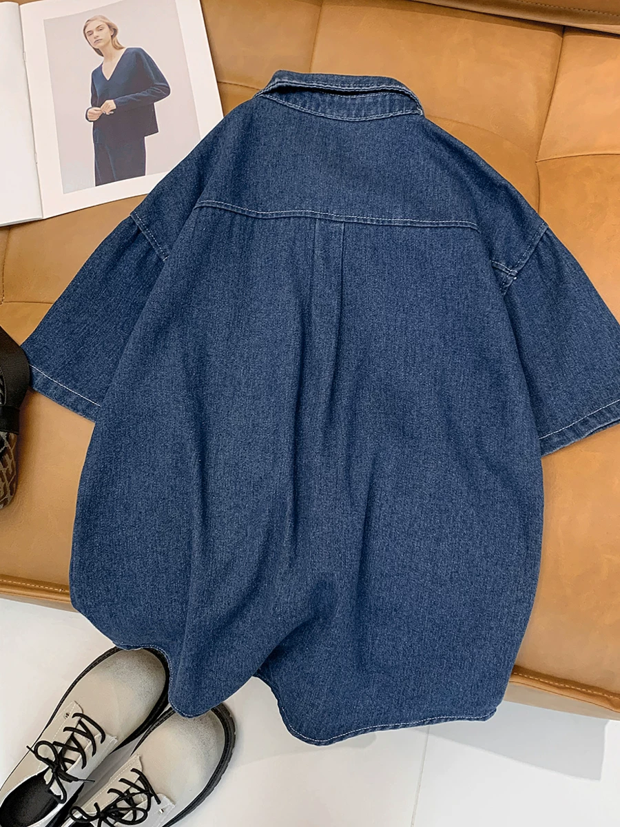 Áo sơ mi denim giặt kiểu Nhật dành cho nam, áo sơ mi ngắn tay retro rộng rãi hợp thời trang với thiết kế kiểu Mỹ, áo khoác dáng rộng thoải mái.