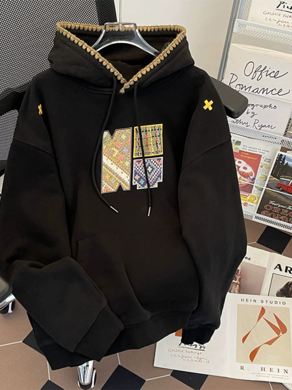 Áo nỉ hip-hop kiểu Mỹ dành cho nam, mùa xuân thu, áo có mũ thêu rộng rãi, thiết kế thời thượng, áo khoác đôi.