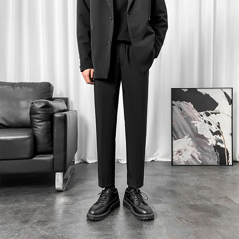 Quần tây nam ống đứng mùa hè phong cách Hàn Quốc hợp thời trang quần dài thường ngày sành điệu phong cách Hồng Kông quần tây dáng rộng xếp nếp