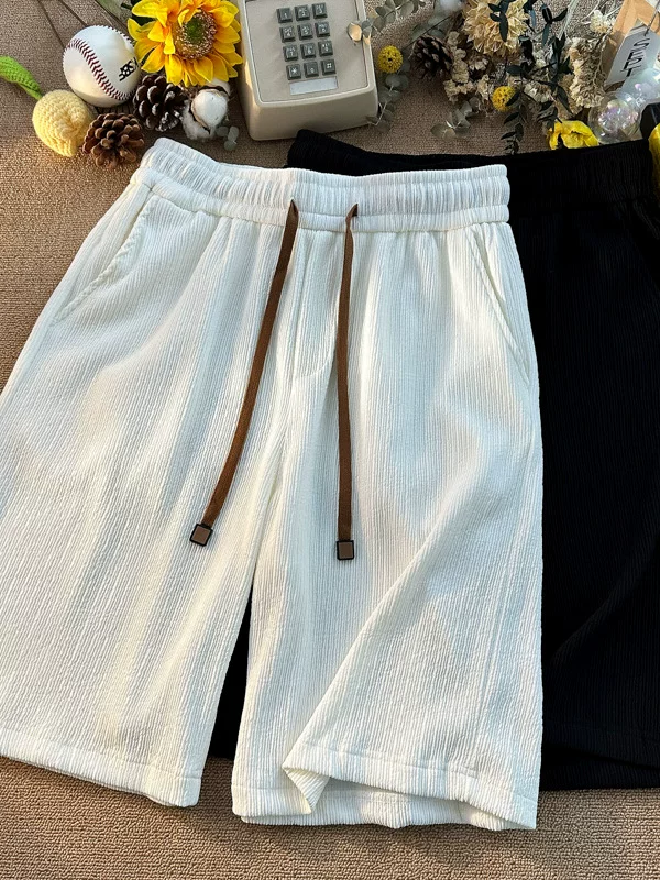 Quần short vải lụa mát mẻ mùa hè dành cho nam, phong cách Hồng Kông, có dây rút, đa năng, quần short dài vừa phải, rộng rãi, hợp thời trang, thể thao, giản dị.