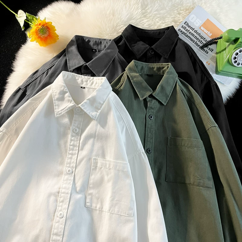 Áo sơ mi công sở tối giản phong cách Nhật Bản dành cho nam, áo sơ mi dài tay dáng rộng, thương hiệu thời trang xuân hè, áo khoác học sinh đa năng.