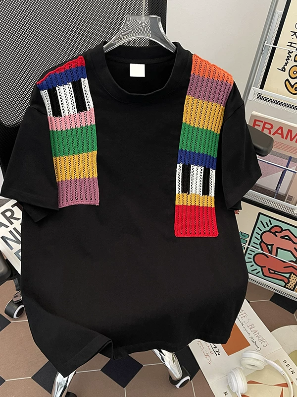 Áo thun nam tay ngắn phối màu len cầu vồng, áo thun cotton dày dặn mùa hè, áo thun cặp đôi thời trang dáng rộng thương hiệu nổi tiếng.