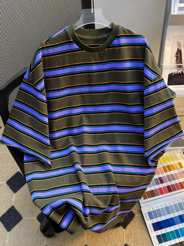 Áo thun sọc ngắn tay cho nam, thương hiệu thời trang mùa hè, dáng rộng, áo thun nửa tay cho cặp đôi, áo đôi phong cách retro Mỹ.