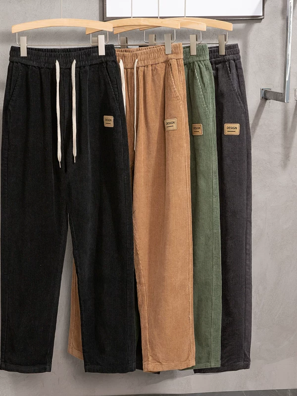 Quần vải nhung kẻ sọc thẳng kiểu Mỹ dành cho nam, quần thường ngày dày dặn hợp thời trang xuân thu, quần ống rộng thoải mái đa năng.