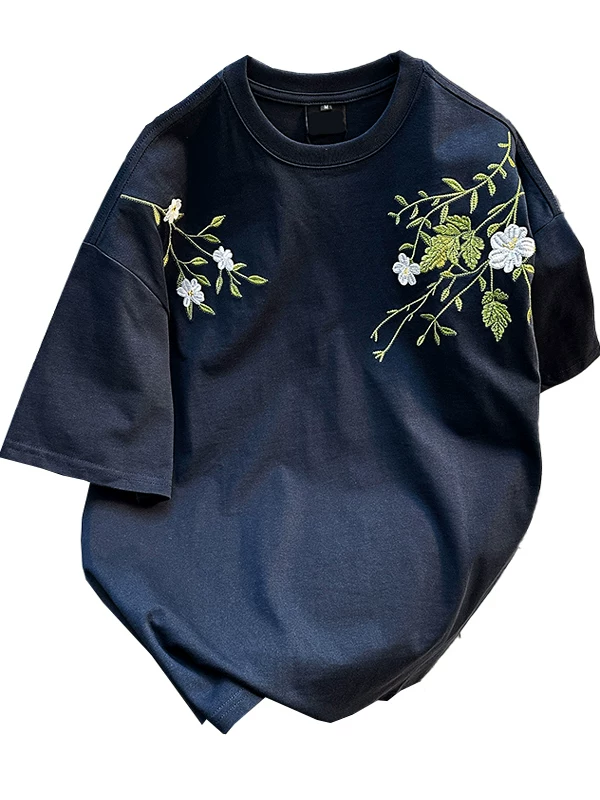 Áo thun nam tay ngắn họa tiết hoa, kiểu Mỹ thời trang, dáng rộng, cặp đôi, mùa hè 2025, áo thun thêu mới