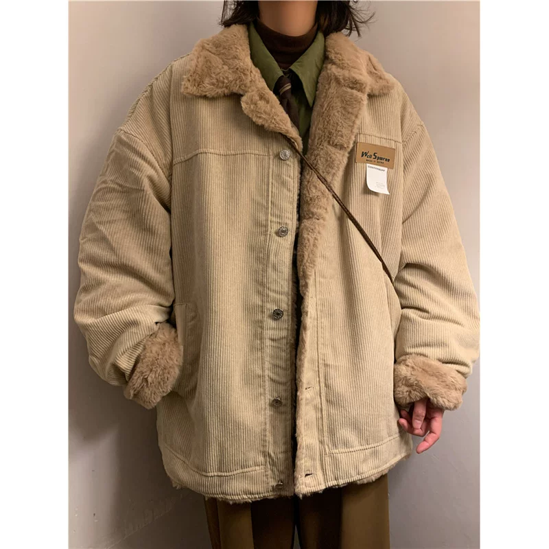 Áo khoác cotton lót lông cừu dày dặn dành cho nam, áo khoác cotton vải nhung kiểu Nhật, áo khoác ngoài đệm bông kiểu dáng rộng rãi, hợp thời trang, phong cách công sở.