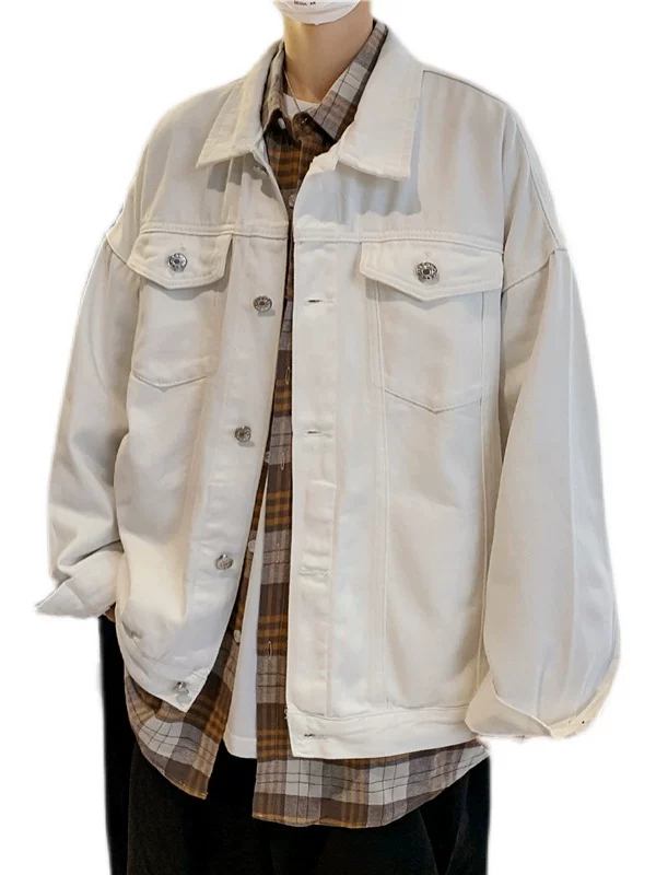 Áo khoác denim trắng cho nam 2024 mới mùa xuân thu phong cách cổ điển Hồng Kông kiểu dáng đa năng rộng rãi hợp thời trang áo khoác công sở