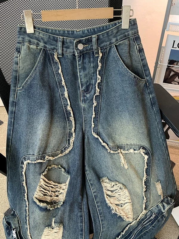 Quần jean rách nam cao cấp, quần công sở thiết kế phá cách phong cách Mỹ mùa hè, quần ống rộng dáng thẳng túi lớn thời thượng.