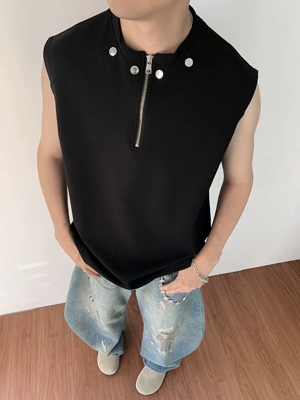 Áo vest nửa khóa kéo dành cho nam, thiết kế thời trang mùa hè, áo thun không tay, kiểu dáng thể thao gọn gàng, cá tính.