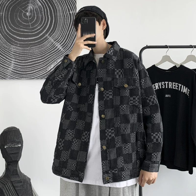 Áo khoác denim kẻ caro cao cấp dành cho nam, áo khoác workwear dáng rộng thời trang xuân thu, phong cách Hồng Kông cá tính.