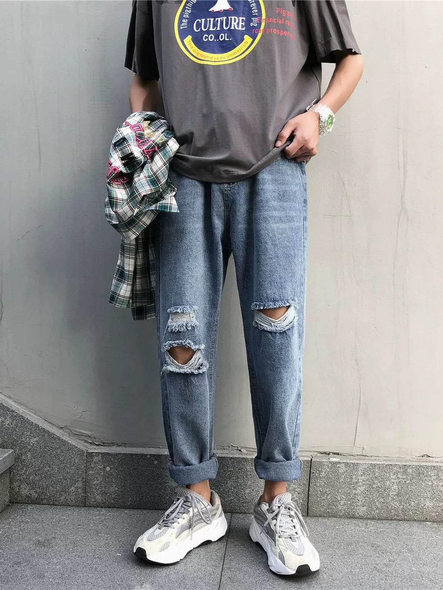 Quần nam phong cách Harajuku, quần jean thời trang kiểu Hàn Quốc, quần ống rộng dáng thẳng, quần rách mùa hè, quần lửng rách.