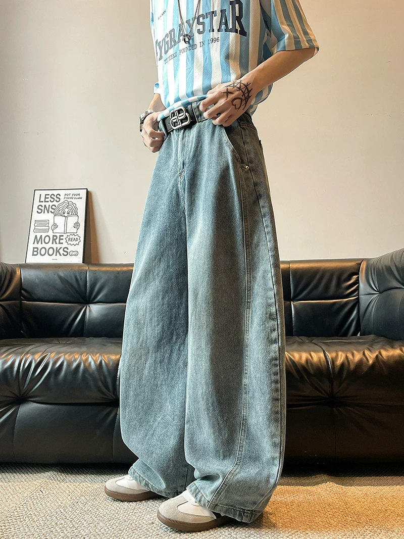 Quần jeans dáng rộng thùng thình kiểu scimitar dành cho nam, phong cách vintage Mỹ thời thượng mùa xuân thu, quần ống rộng dài chạm đất.