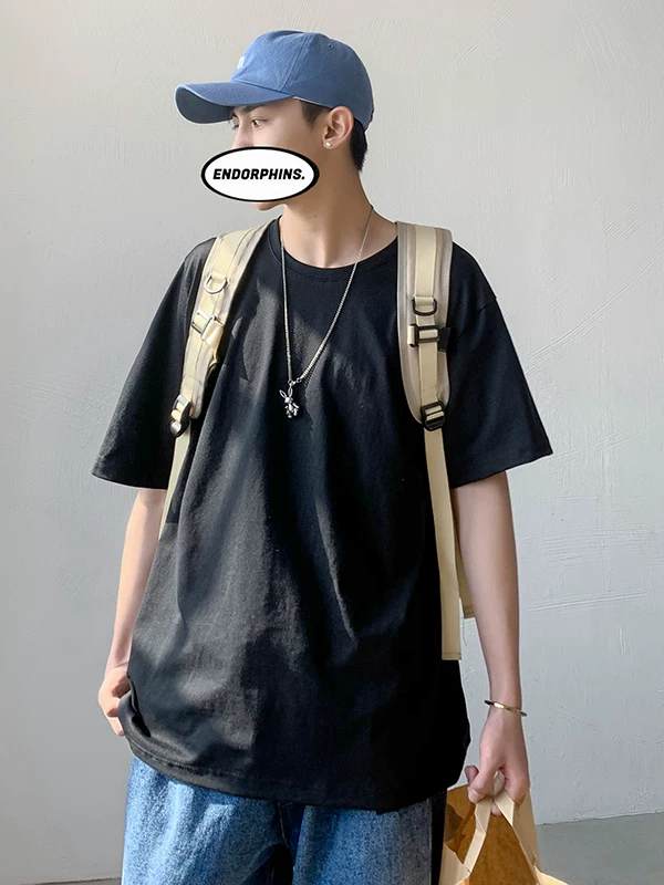 Áo thun ngắn tay cho nam, thương hiệu thời thượng, dáng rộng, áo thun nửa tay cotton nguyên chất hợp thời trang, phong cách Hồng Kông mùa hè, trang phục màu trơn đơn giản và đa năng.