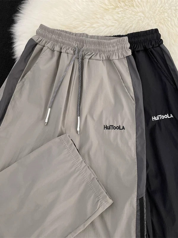 Quần nam phối màu chắp vá, quần thể thao nhanh khô kiểu Mỹ mỏng mùa hè, quần jogger ống rộng dáng thẳng thời trang.