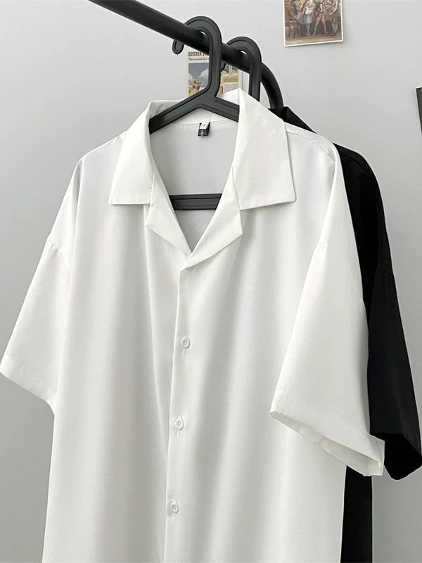 Áo sơ mi ngắn tay vải lụa băng dành cho nam, áo sơ mi cổ Cuba dáng suông mùa hè, áo kiểu Hàn Quốc trẻ trung, thời thượng, mát mẻ.