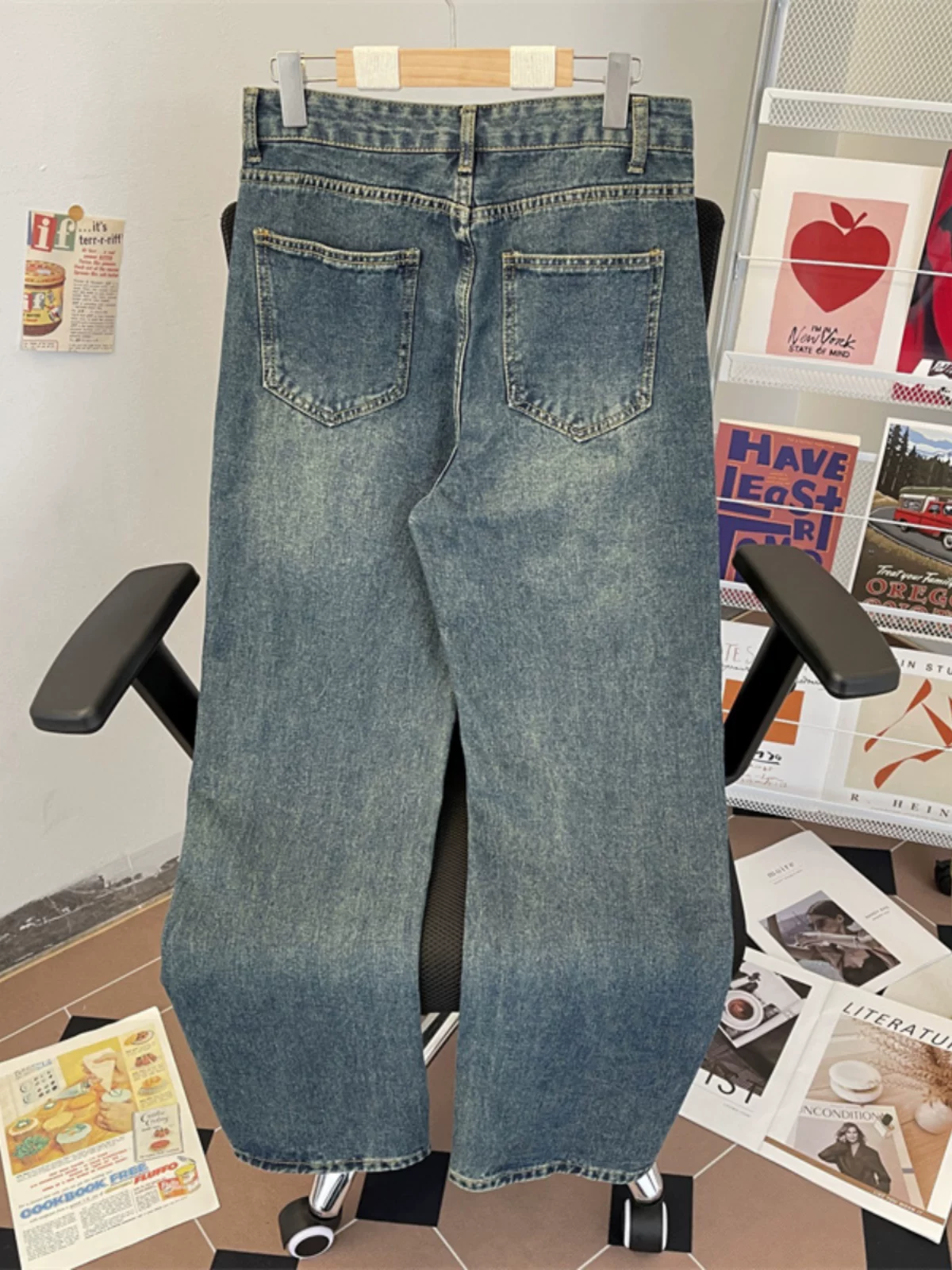 Quần jean vintage mùa hè dành cho nam, quần dài kiểu Mỹ cổ điển, quần dài ống rộng thời trang đa năng, phong cách thường ngày.