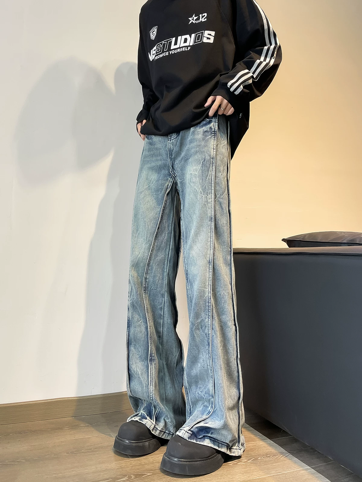 Quần jeans dáng patchwork cho nam, quần wash kiểu Mỹ cleanfit, thương hiệu thời trang xuân thu, quần ống rộng hơi loe.