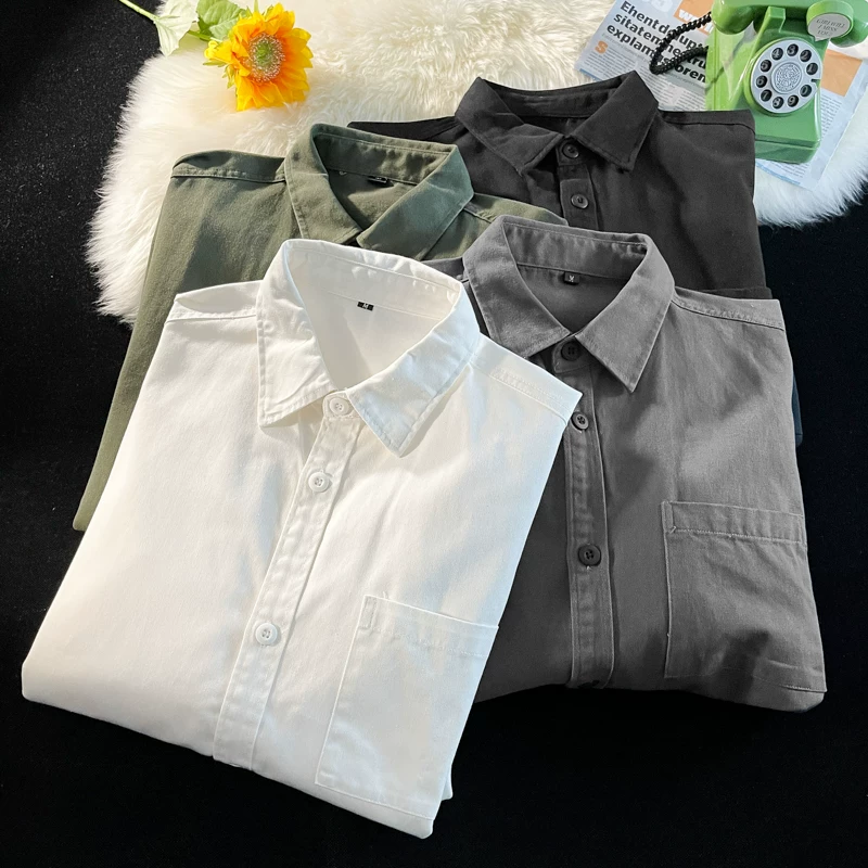 Áo sơ mi công sở tối giản phong cách Nhật Bản dành cho nam, áo sơ mi dài tay dáng rộng, thương hiệu thời trang xuân hè, áo khoác học sinh đa năng.