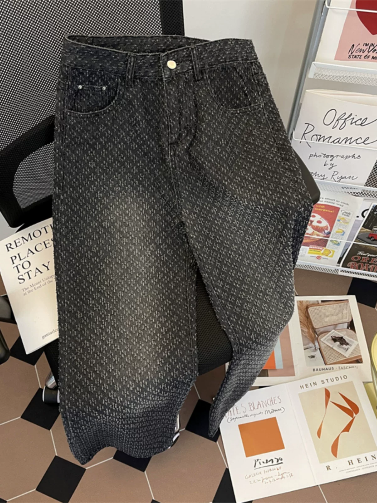 Quần jeans jacquard dày dặn dành cho nam, quần kiểu Mỹ cổ điển hợp thời trang, quần dài ống đứng rộng rãi thoáng mát mùa hè.