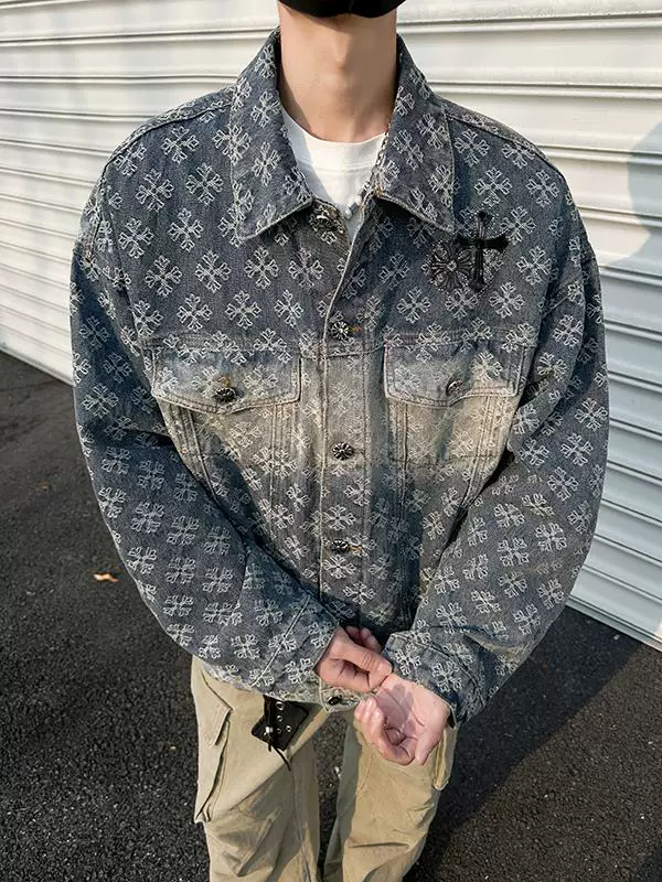Áo khoác denim thêu Jacquard dành cho nam, phong cách retro Mỹ thời thượng mùa xuân thu, áo khoác công sở rộng rãi, thoáng mát.