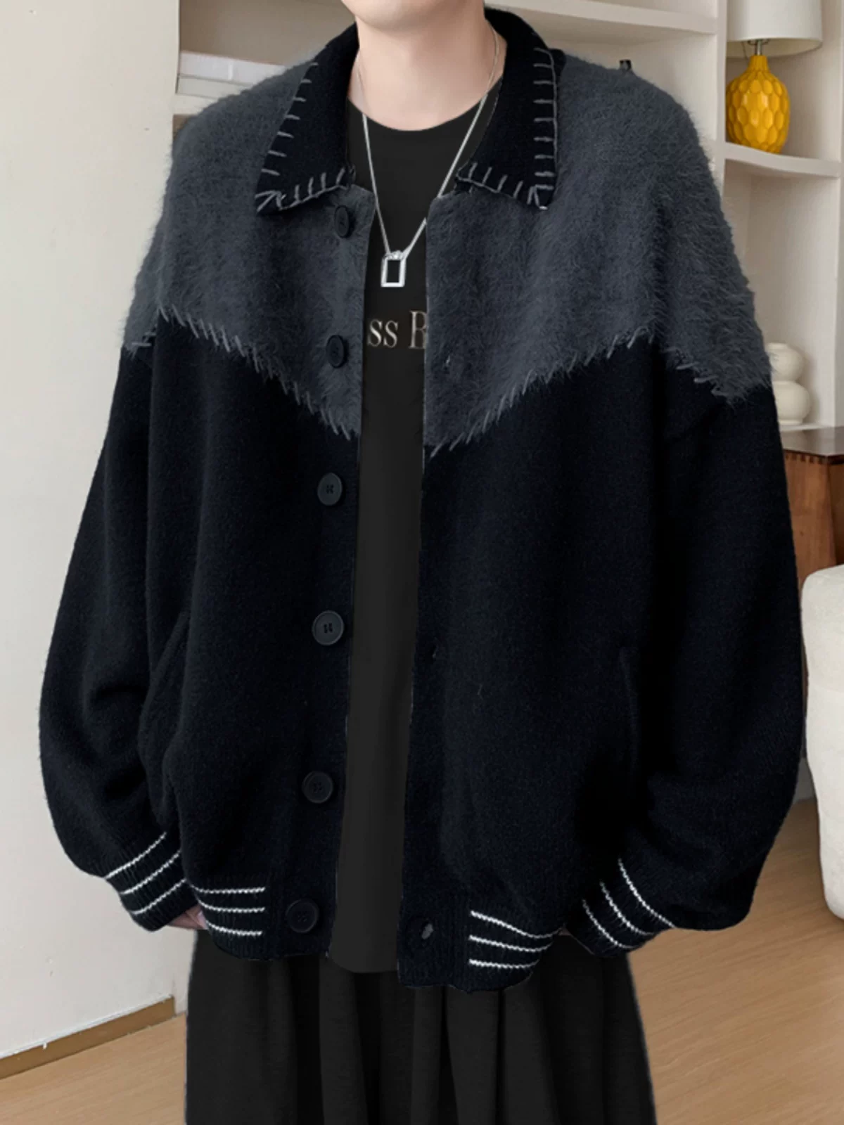 Áo len cardigan phối màu cho nam, áo dệt kim cổ điển kiểu Mỹ, áo khoác dáng rộng hợp thời trang cho mùa xuân và mùa thu.