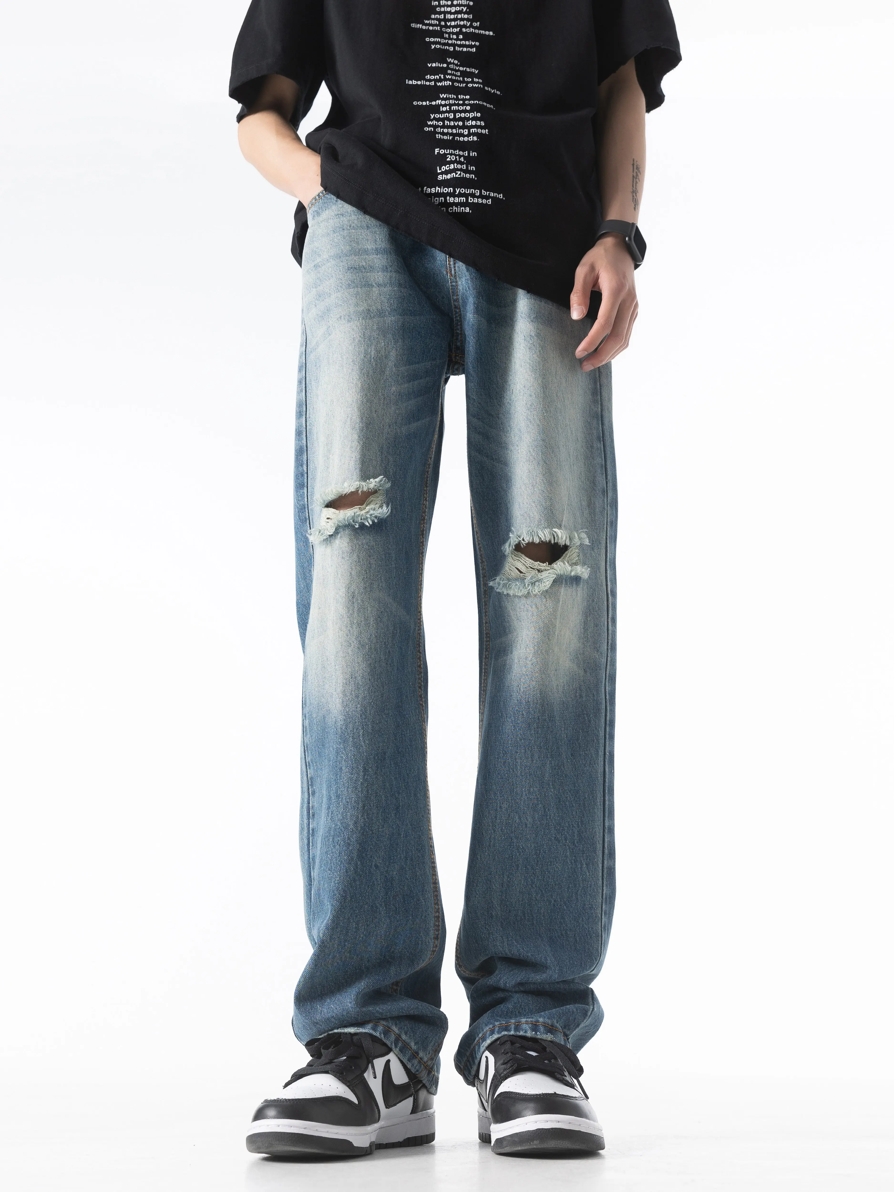 Quần jeans rách phối màu đã qua xử lý giặt mềm dành cho nam, quần ống đứng rộng rãi hợp thời trang mùa thu, quần ống loe phong cách đường phố Mỹ.