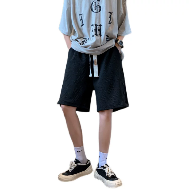 Quần short thể thao có cúc cho nam, quần jacquard thời trang phong cách Hồng Kông, quần short năm điểm dáng rộng thoải mái mùa hè.
