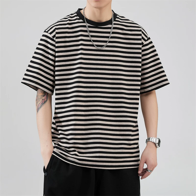 Áo thun nam tay ngắn sọc cotton nguyên chất, phong cách Nhật Bản, kiểu dáng đơn giản, thoải mái, dáng rộng mùa hè, áo thun nửa tay thời thượng và sành điệu.