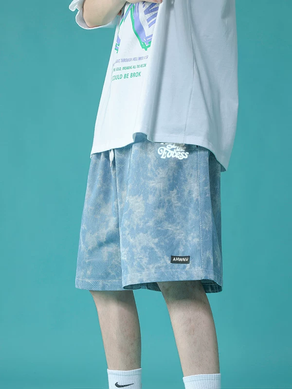 Quần short đi biển nhuộm màu tie-dye dành cho nam, quần short thẳng kiểu Hồng Kông phong cách ins, quần short dáng rộng mùa hè, quần short năm phần phong cách hip-hop hợp thời trang.