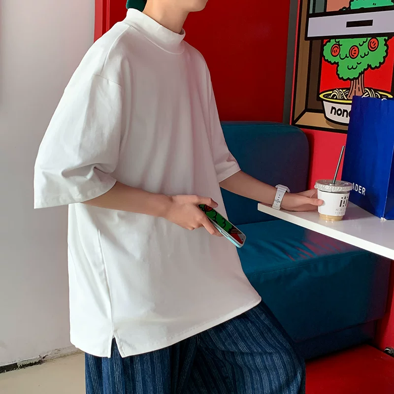 Áo thun ngắn tay xẻ tà cho nam, áo thun cổ cao vừa phải màu trơn mùa hè, áo thun nửa tay phong cách Hàn Quốc hợp thời trang.