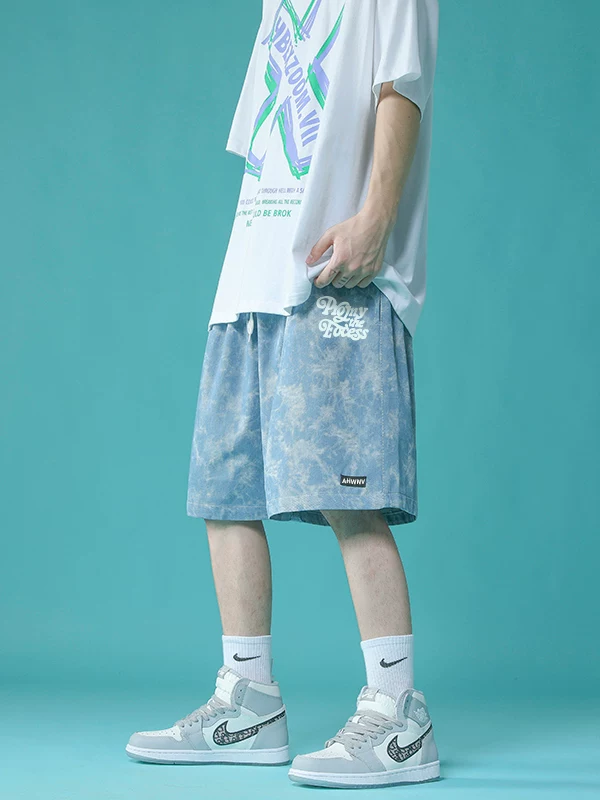 Quần short đi biển nhuộm màu tie-dye dành cho nam, quần short thẳng kiểu Hồng Kông phong cách ins, quần short dáng rộng mùa hè, quần short năm phần phong cách hip-hop hợp thời trang.