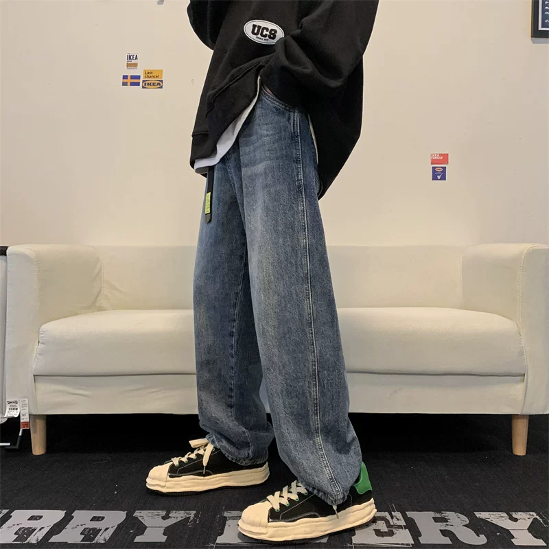 Quần jean denim giặt kiểu Nhật cho mùa xuân và mùa thu, quần ống đứng phong cách retro thời thượng dành cho nam, quần ống rộng thoải mái đa năng.