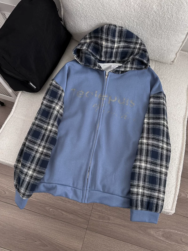 Áo khoác cardigan có mũ kiểu Mỹ dành cho nam và nữ, áo khoác chắp vá kẻ sọc mùa xuân thu, áo khoác cặp đôi dáng rộng hợp thời trang của thương hiệu thời thượng.