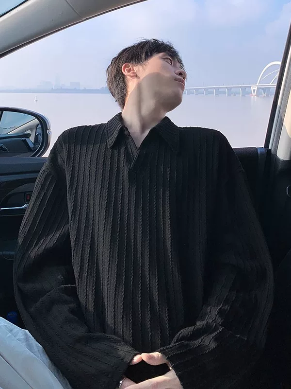 Áo thun nam tay dài cổ polo sọc, phong cách old money thời thượng mùa thu, áo khoác ngoài kiểu Mỹ rộng rãi thoải mái.