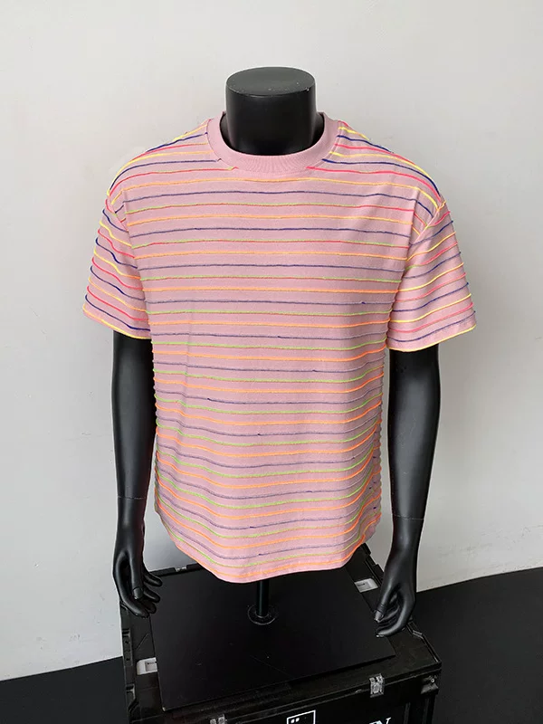 Áo thun ngắn tay sọc nhiều màu sắc dành cho nam và nữ, phong cách retro Nhật Bản mùa hè mới, cổ tròn, áo cặp đôi dáng rộng hợp thời trang.