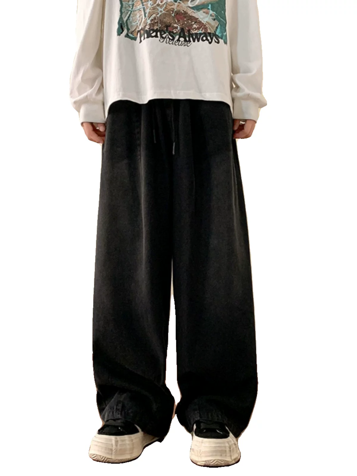 Quần jean ống rộng có dây rút cho nam, quần ống rộng phong cách hip-hop Mỹ mùa thu, quần dài chạm sàn kiểu dáng thời thượng của thương hiệu Ins.