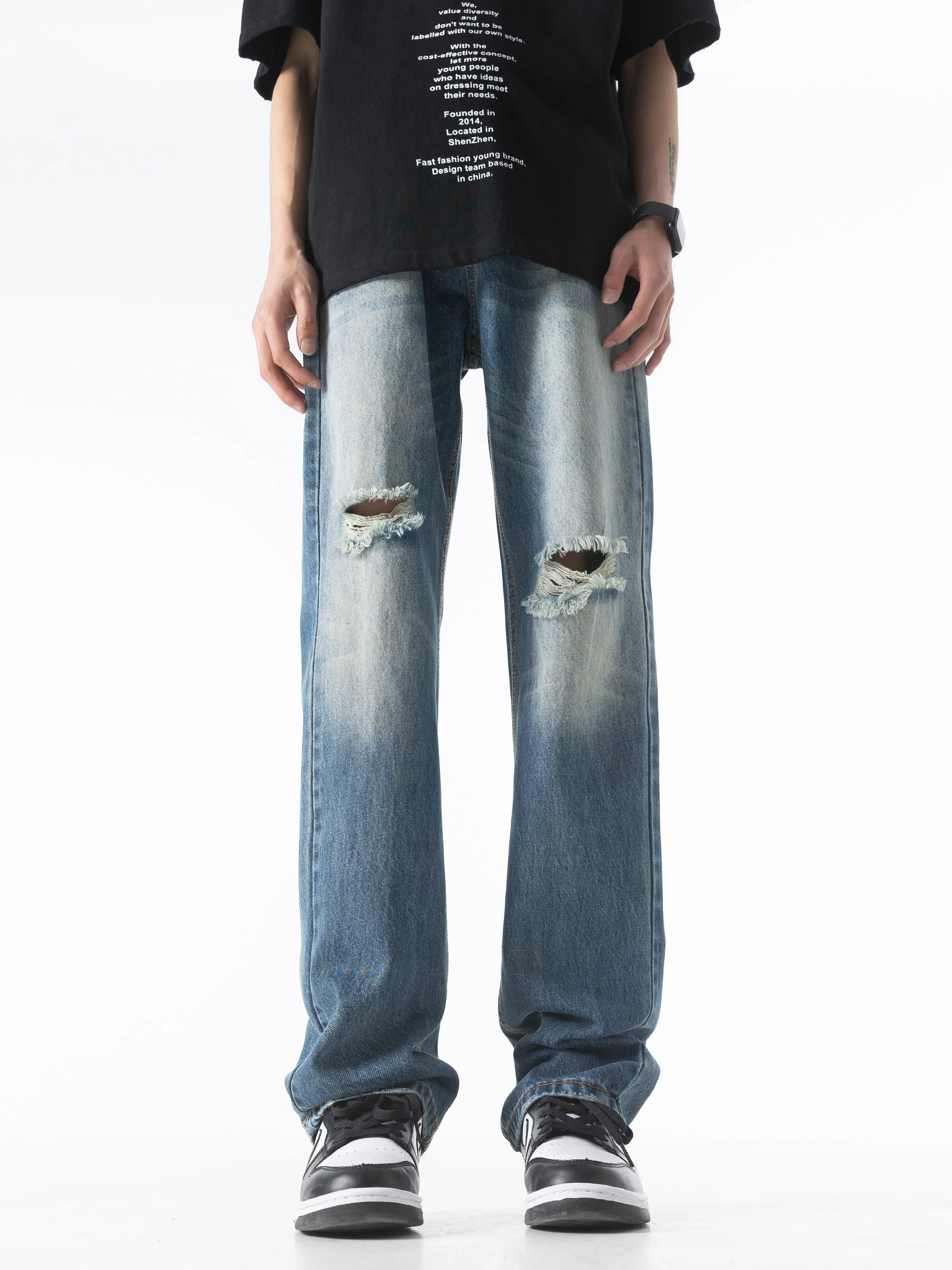 Quần jeans rách phối màu đã qua xử lý giặt mềm dành cho nam, quần ống đứng rộng rãi hợp thời trang mùa thu, quần ống loe phong cách đường phố Mỹ.