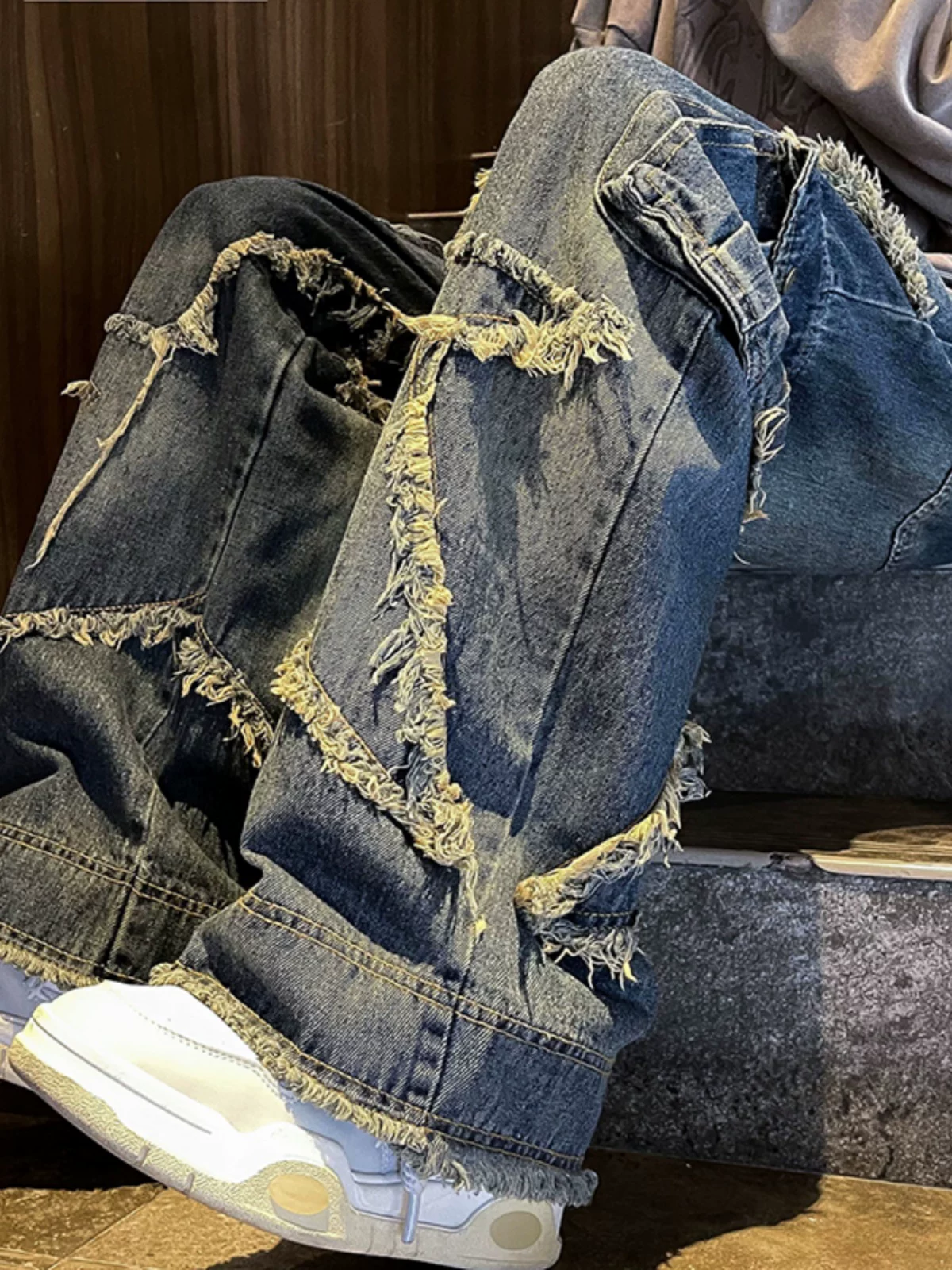 Quần jean thiết kế hình ngôi sao dành cho nam, quần hip-hop phong cách đường phố Mỹ, quần dài ống rộng dáng rộng hợp thời trang mùa xuân thu.
