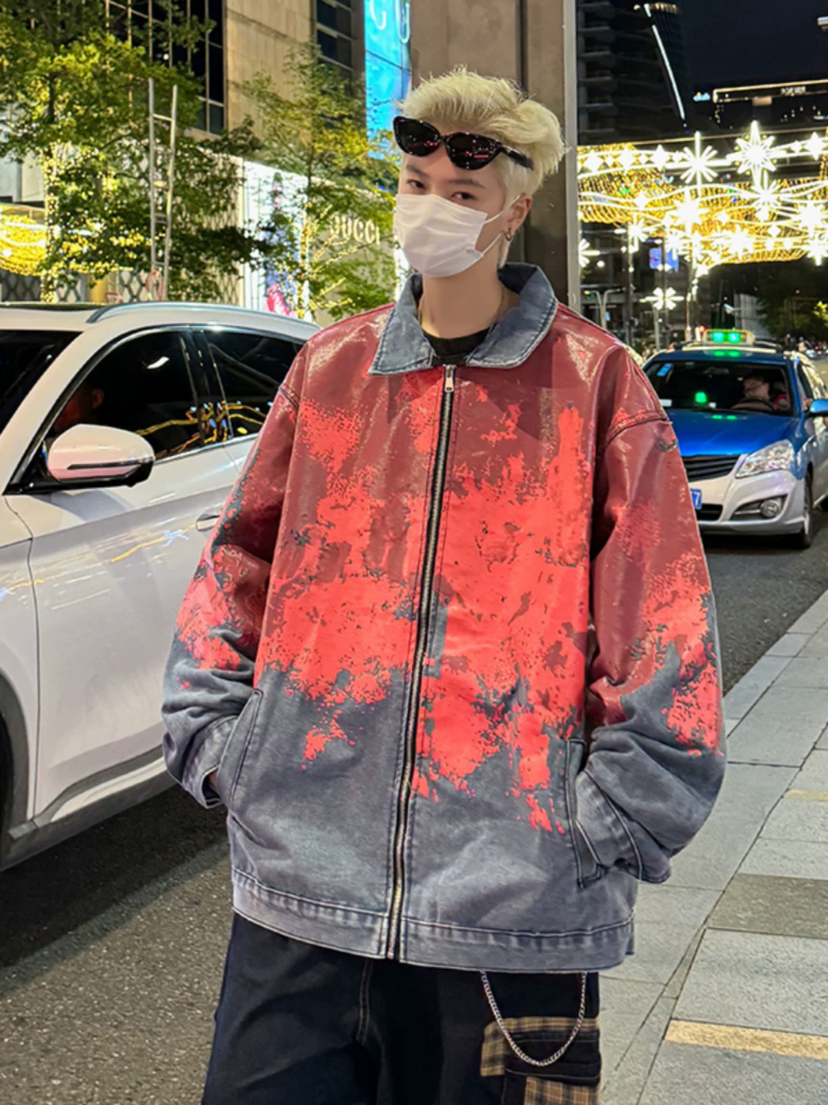 Áo khoác denim nhuộm tie-dye phong cách bụi bặm dành cho nam, kiểu dáng hoang dã Mỹ, thiết kế rộng rãi hợp thời trang cho mùa xuân và mùa thu.