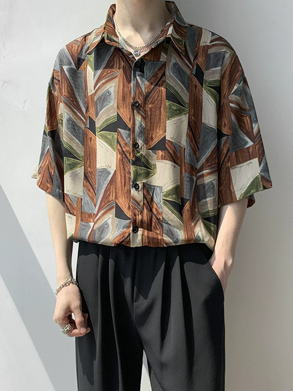 Áo sơ mi ngắn tay in họa tiết graffiti mùa hè dành cho nam, áo dáng rộng đa năng, áo sơ mi thường ngày hợp thời trang phong cách Hàn Quốc