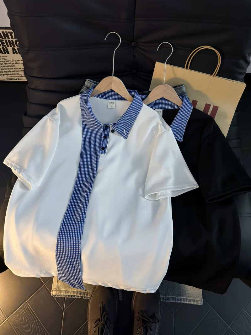 Áo Polo ngắn tay phối họa tiết kẻ caro dành cho nam và nữ, áo thun tay lửng dáng rộng thời trang mùa hè, áo kiểu Mỹ đa năng phong cách thường ngày