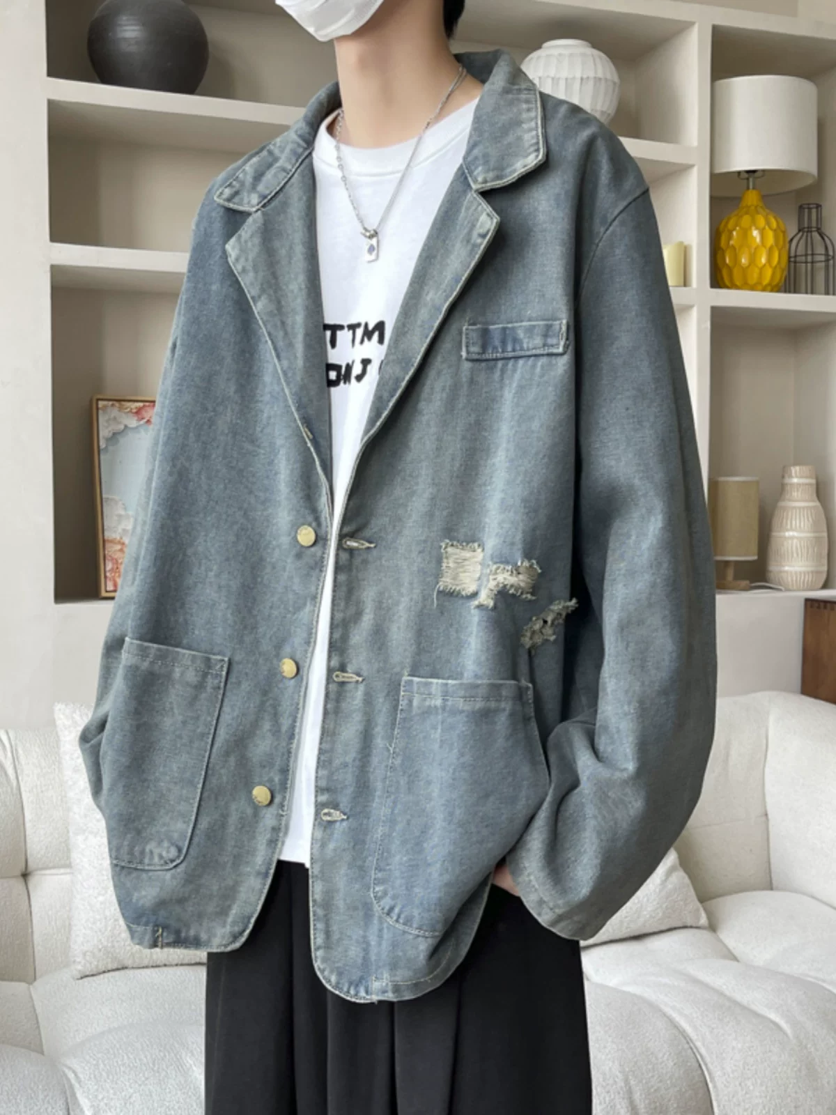 Áo khoác denim cổ áo kiểu suit, áo khoác thời trang xuân thu, áo khoác nam rộng rãi phong cách Mỹ cổ điển.