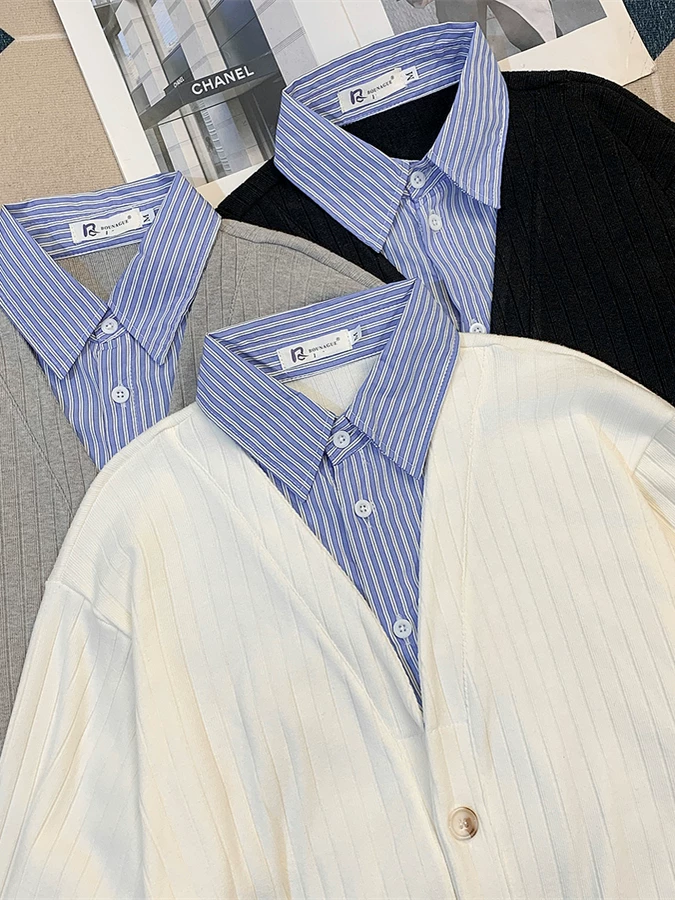 Áo sơ mi giả hai mảnh phong cách Nhật Bản dành cho nam, áo nỉ cổ bẻ dáng rộng hợp thời trang mùa xuân thu, áo sơ mi dài tay phối màu cao cấp.