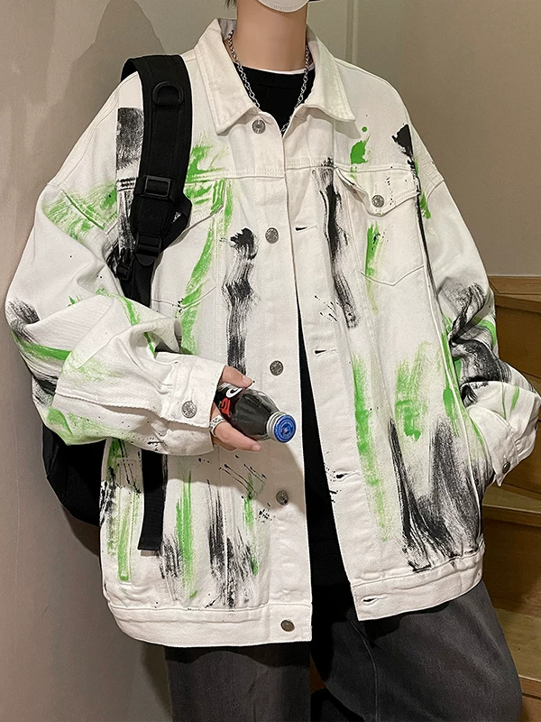 Áo khoác denim tie-dye phong cách graffiti dành cho nam, áo khoác thời trang xuân thu, áo khoác kiểu Hồng Kông BF rộng rãi, phong cách đường phố retro, áo khoác công sở.