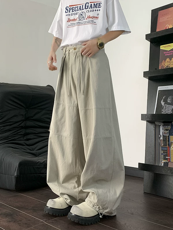 Quần cargo túi lớn phong cách retro Mỹ dành cho nam, quần jean ống rộng dáng thẳng thương hiệu thời thượng, quần dài đến sàn lưng thun co giãn đa năng mùa hè.