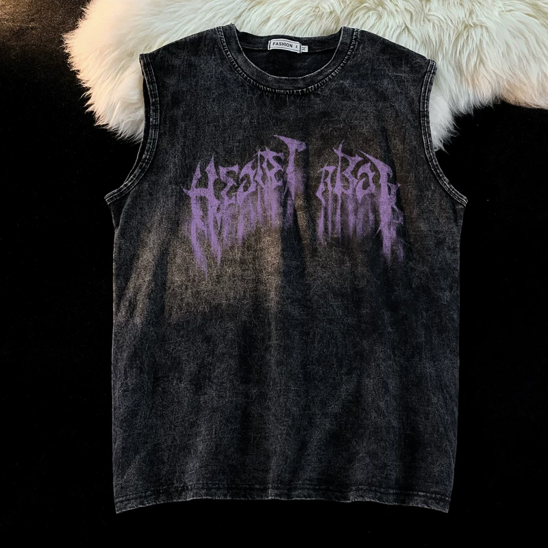 Áo thun nam không tay kiểu Mỹ, chất liệu vintage, dáng rộng, phong cách thể thao mùa hè, áo ba lỗ thời trang đường phố cá tính.