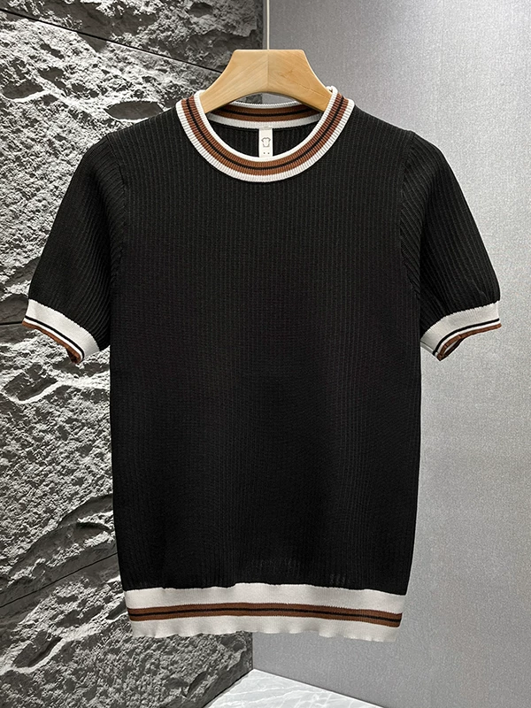 Áo thun nam tay ngắn dệt kim phối màu kiểu Mỹ, áo thun mùa hè mới chất liệu lụa băng thoáng khí, cảm giác cao cấp, kiểu dáng rộng rãi.