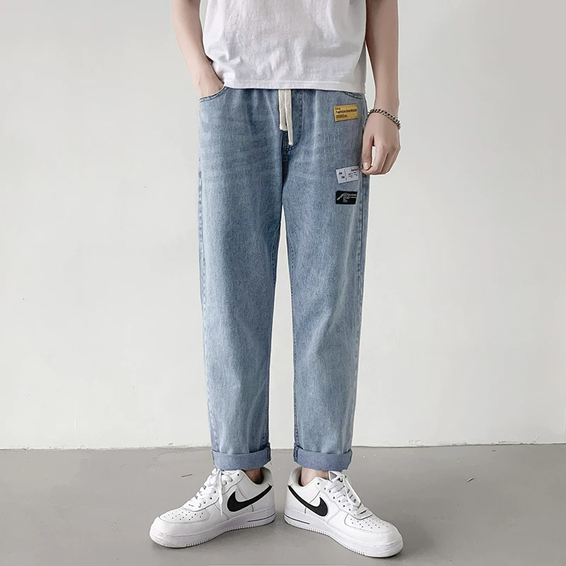 Quần jean dây rút thời trang phong cách Hàn Quốc mùa hè dành cho nam, quần ống rộng phong cách Hồng Kông, quần ống rộng dáng suông đa năng mỏng.