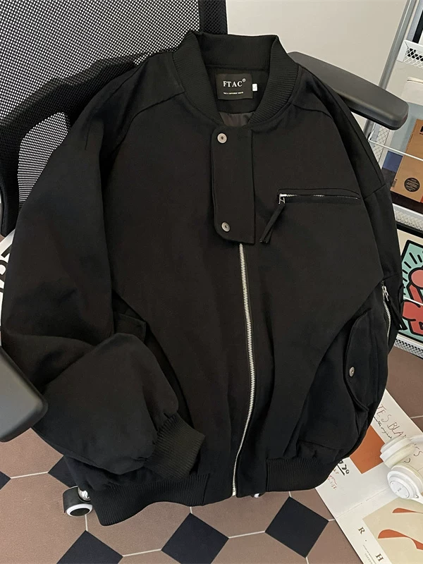 Áo khoác bomber vải canvas đã qua xử lý giặt cho nam, áo khoác bóng chày thời trang xuân thu, áo khoác ngoài cao cấp kiểu Mỹ ngắn, phong cách thường ngày.