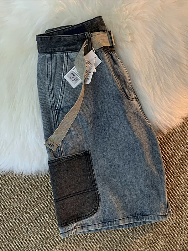 Quần short denim vintage đã qua giặt cho nam, thương hiệu thời trang mùa hè, quần cargo nhiều túi, quần short lửng kiểu Mỹ rộng rãi, thoải mái.